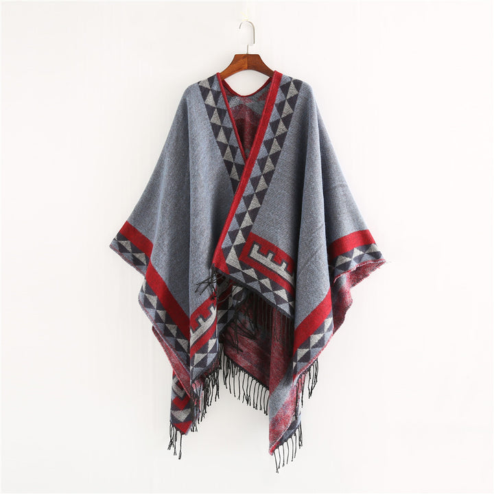 Damen Geometrischer Wollmix-Wickelponcho mit Fransen und Kontrastbordüren Drune