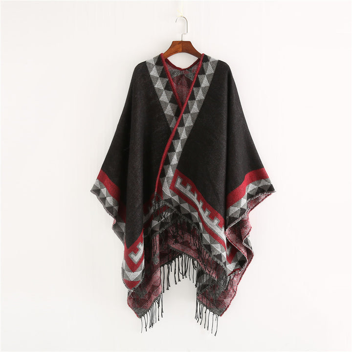 Damen Geometrischer Wollmix-Wickelponcho mit Fransen und Kontrastbordüren Drune