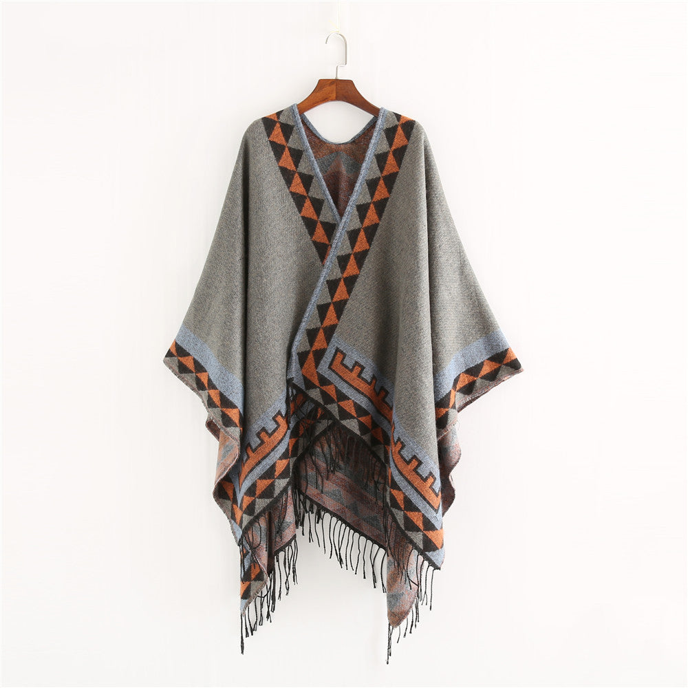 Damen Geometrischer Wollmix-Wickelponcho mit Fransen und Kontrastbordüren Drune