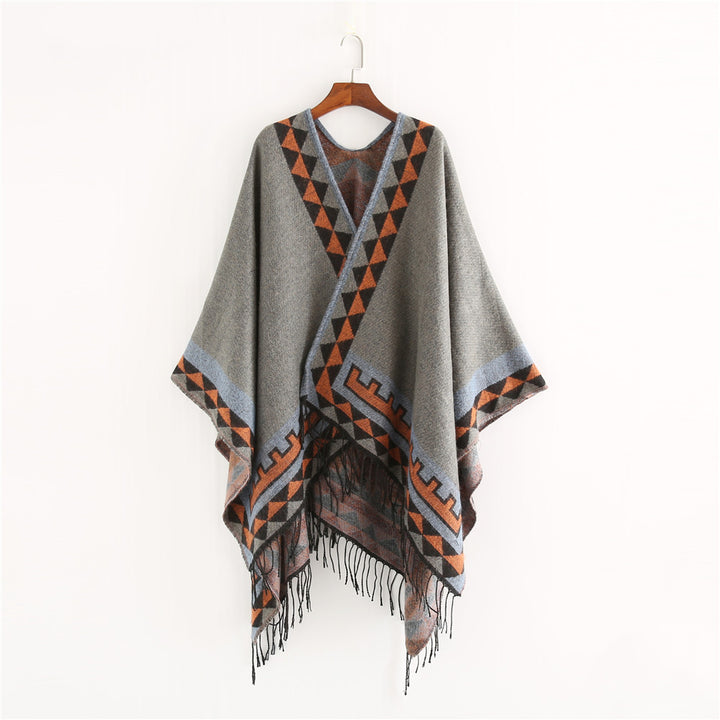 Damen Geometrischer Wollmix-Wickelponcho mit Fransen und Kontrastbordüren Drune