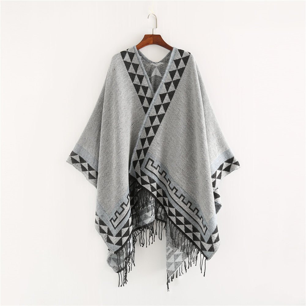 Damen Geometrischer Wollmix-Wickelponcho mit Fransen und Kontrastbordüren Drune