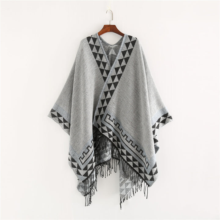 Damen Geometrischer Wollmix-Wickelponcho mit Fransen und Kontrastbordüren Drune