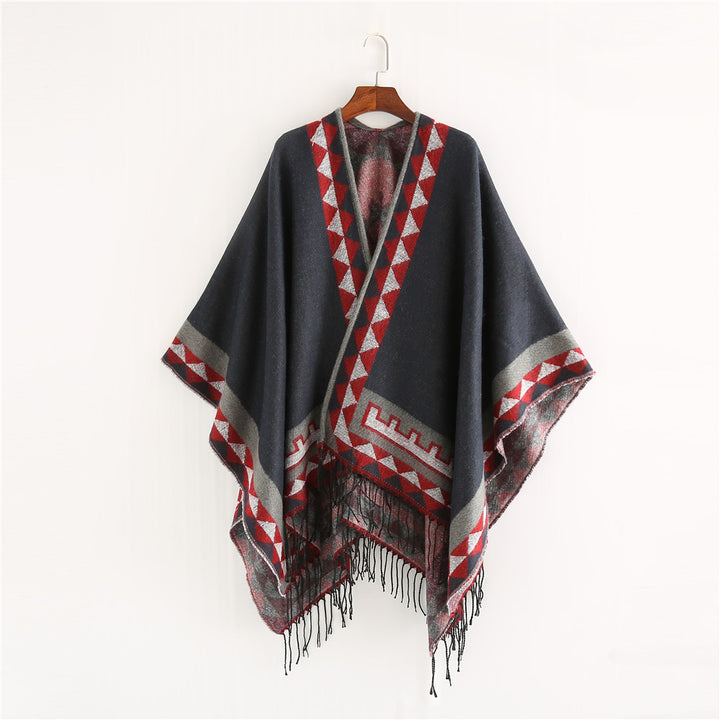 Damen Geometrischer Wollmix-Wickelponcho mit Fransen und Kontrastbordüren Drune