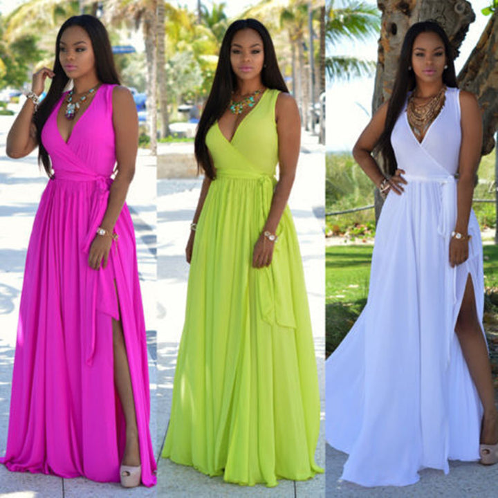 Damen Maxikleid mit tiefem V-Ausschnitt und seitlichem Schlitz Drune