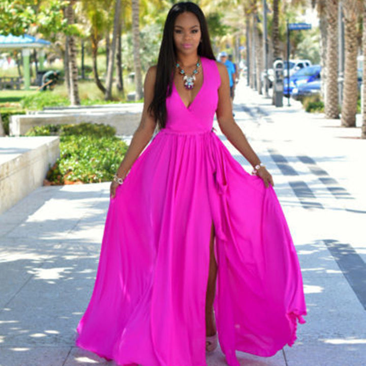 Damen Maxikleid mit tiefem V-Ausschnitt und seitlichem Schlitz Drune