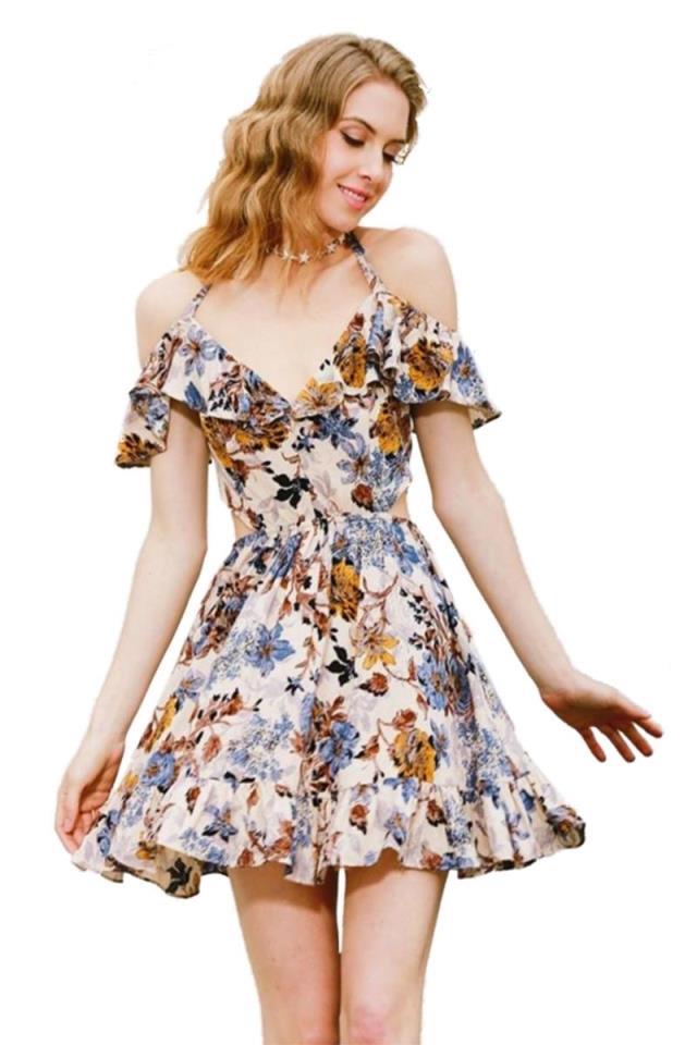 Damen Sommerliches Rüschenskleid mit floralem Design und verstellbaren Spaghettiträgern Drune