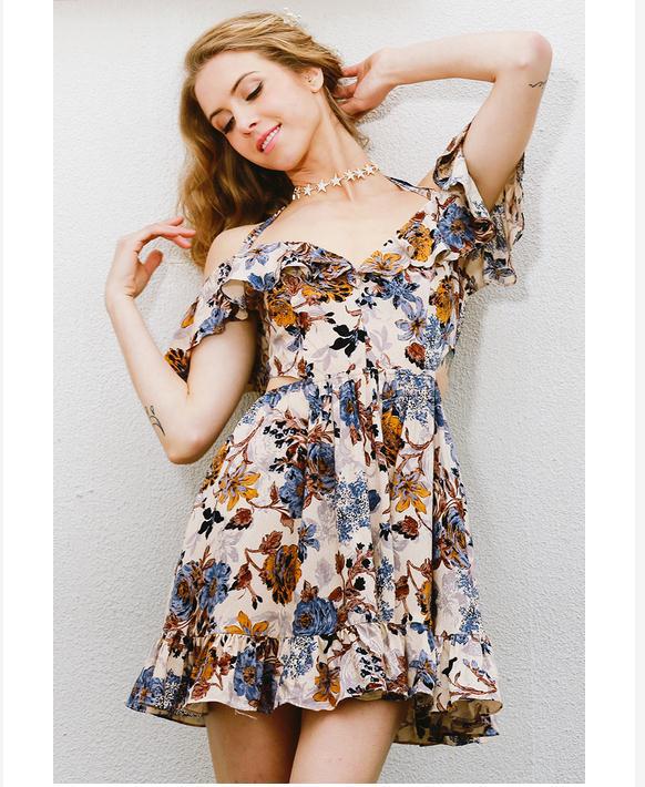 Damen Sommerliches Rüschenskleid mit floralem Design und verstellbaren Spaghettiträgern Drune