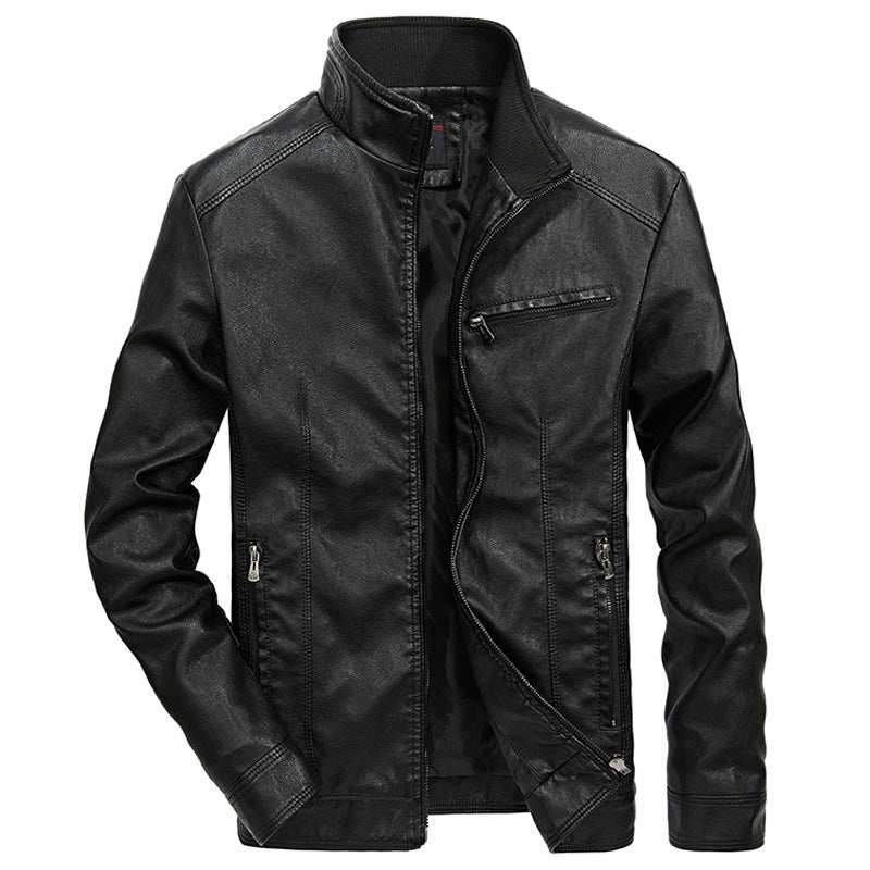 Herren Lederoptik-Motojacke mit Stehkragen und Reißverschlusstaschen Drune