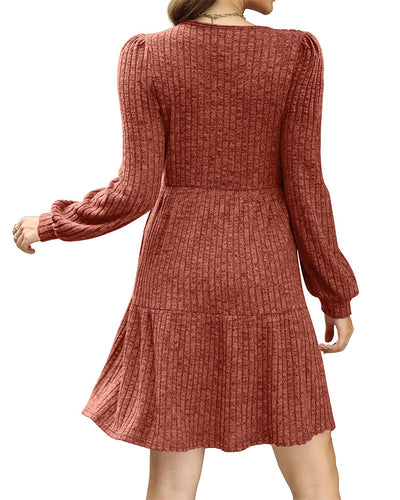 Drune | Damenkleid mit Quadrat Ausschnitt Laternenärmeln und Rippstruktur