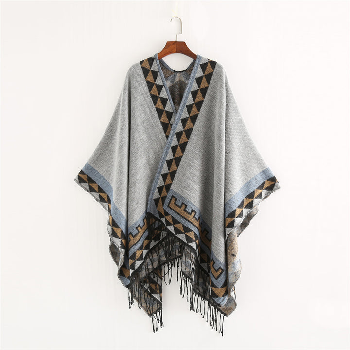 Damen Geometrischer Wollmix-Wickelponcho mit Fransen und Kontrastbordüren Drune