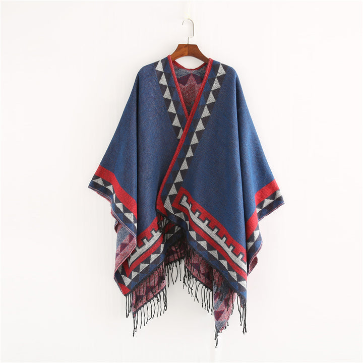 Damen Geometrischer Wollmix-Wickelponcho mit Fransen und Kontrastbordüren Drune