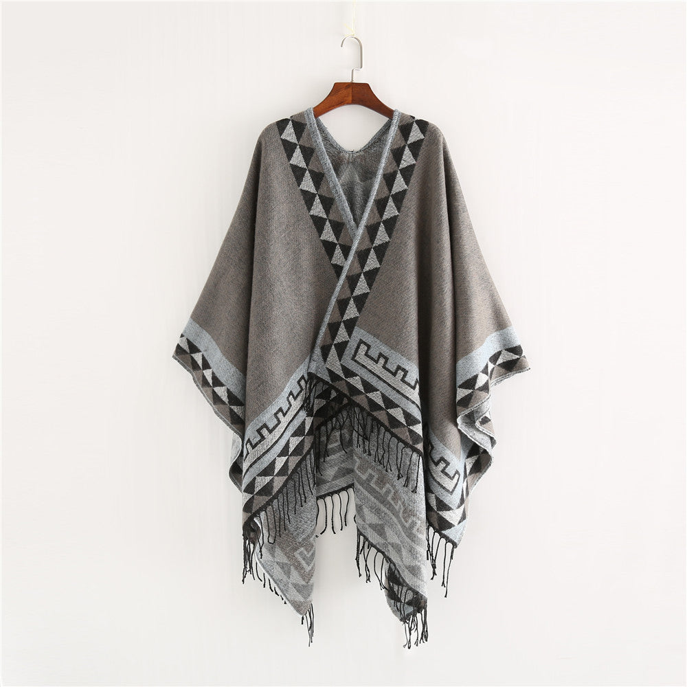 Damen Geometrischer Wollmix-Wickelponcho mit Fransen und Kontrastbordüren Drune