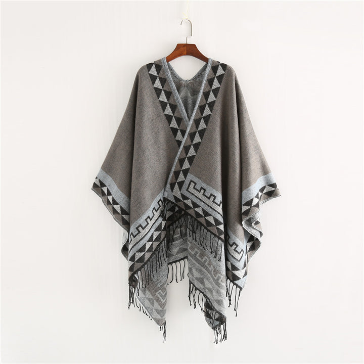 Damen Geometrischer Wollmix-Wickelponcho mit Fransen und Kontrastbordüren Drune