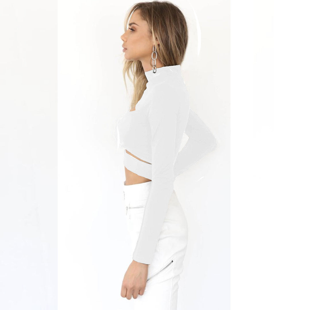 Damen Crop Top mit hochgeschlossenem Kragen und Cut-Outs Drune