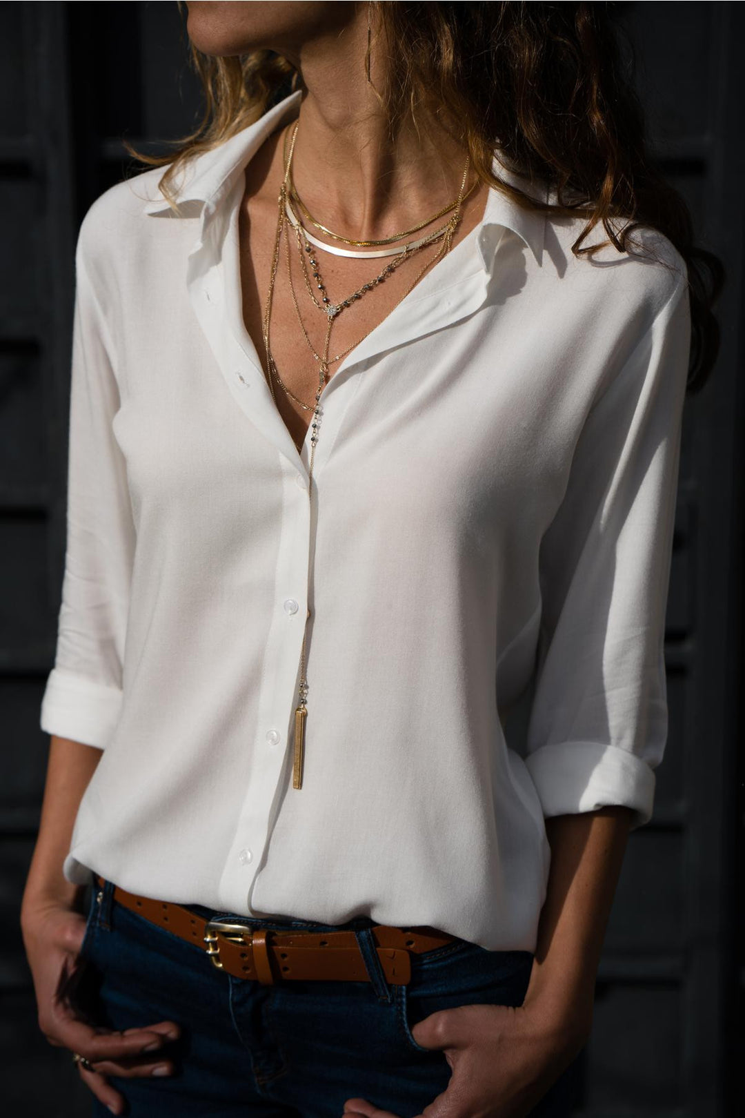 Damen nan lässige Viskose-Chiffon Bluse mit V-Ausschnitt und Umschlagärmeln Drune