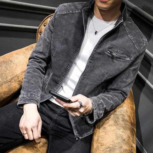 Herren Vintage-Optik Kurzjacke aus gewaschenem Baumwollmix mit Stehkragen und Zip-Brusttasche Drune
