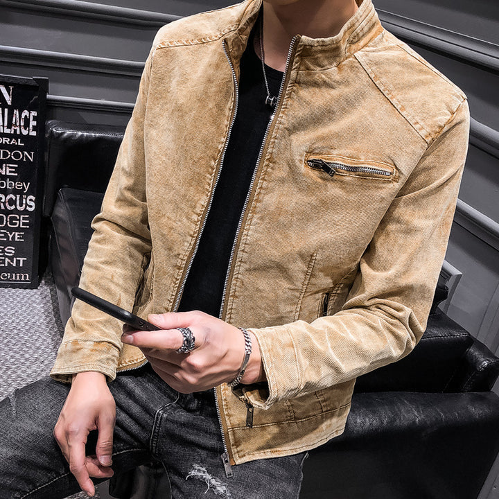 Herren Vintage-Optik Kurzjacke aus gewaschenem Baumwollmix mit Stehkragen und Zip-Brusttasche Drune
