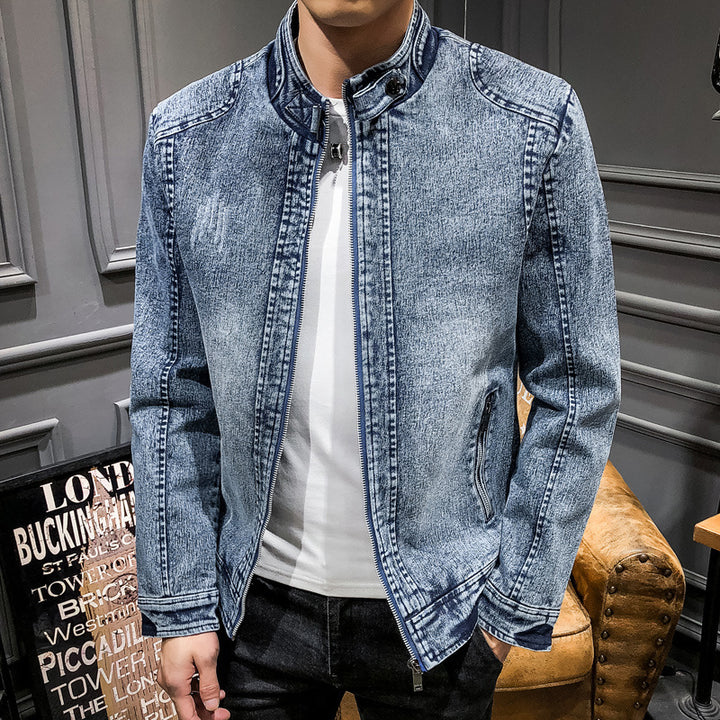 Herren Slim‑Fit Jeansjacke mit Stehkragen und Vintage‑Waschung Drune