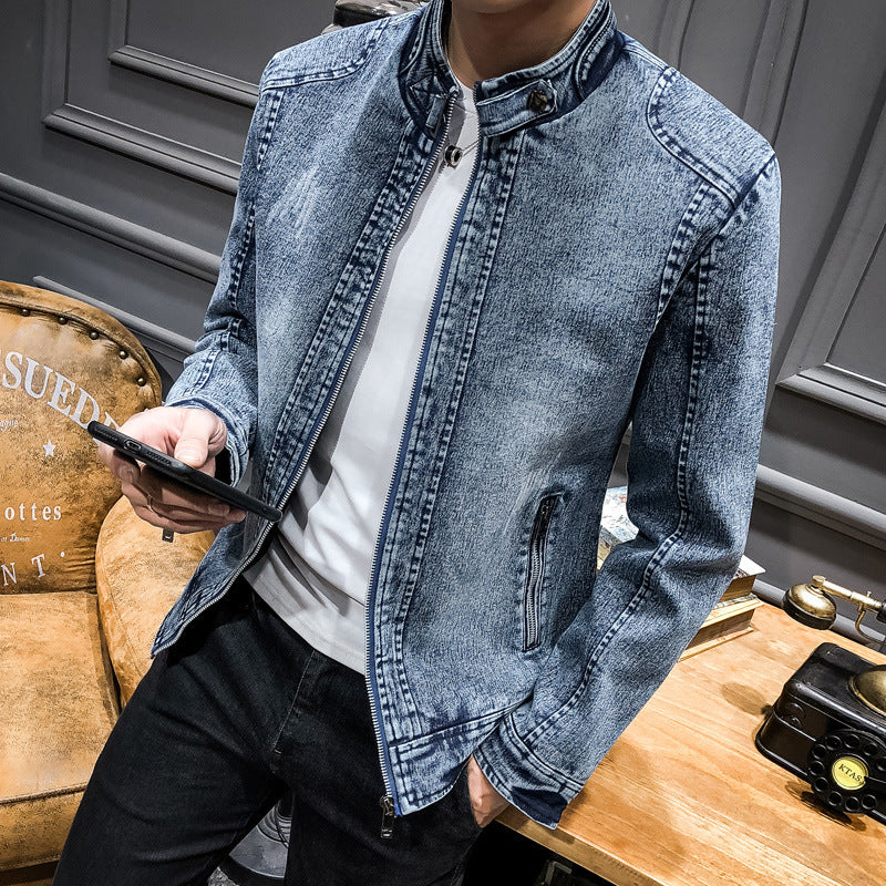 Herren Slim‑Fit Jeansjacke mit Stehkragen und Vintage‑Waschung Drune