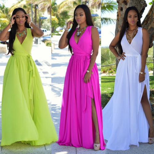 Damen Maxikleid mit tiefem V-Ausschnitt und seitlichem Schlitz Drune