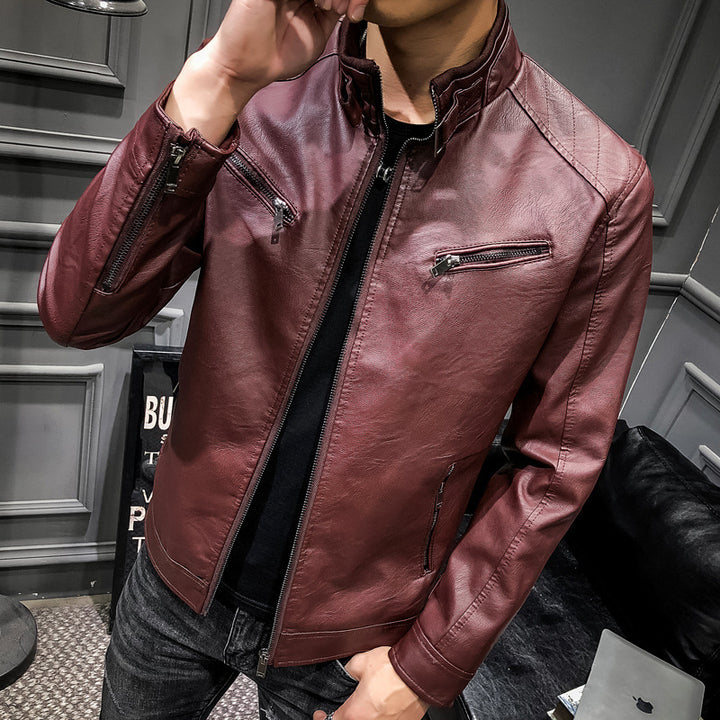Herren Kunstleder-Motojacke im Aviator‑Stil mit Stehkragen und funktionalen Reißverschlüssen Drune