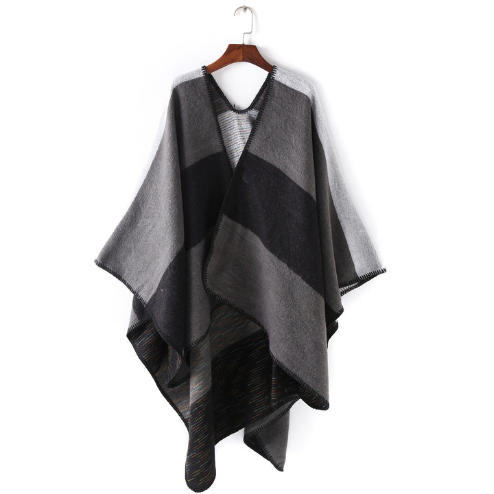 Damen Cape‑Ruana mit zweilagiger Webstruktur und grafischem Blockstreifen Drune