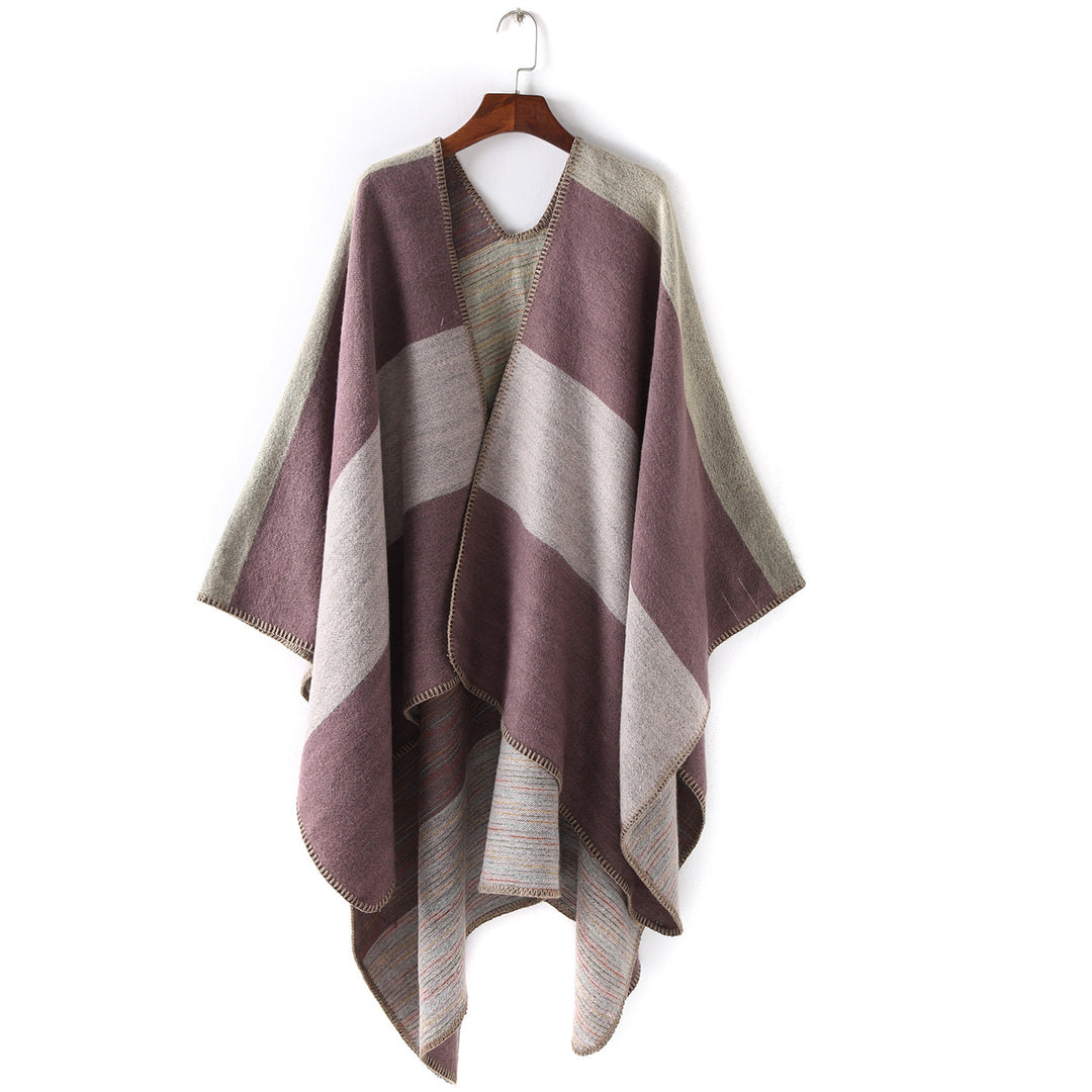 Damen Cape‑Ruana mit zweilagiger Webstruktur und grafischem Blockstreifen Drune
