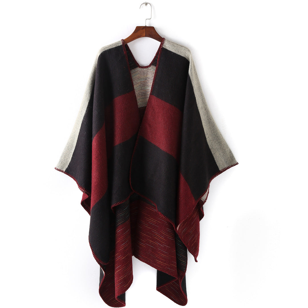Damen Cape‑Ruana mit zweilagiger Webstruktur und grafischem Blockstreifen Drune