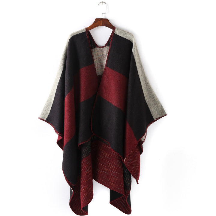 Damen Cape‑Ruana mit zweilagiger Webstruktur und grafischem Blockstreifen Drune