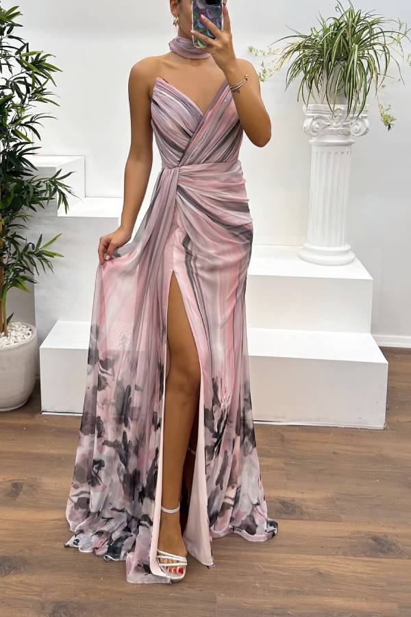 Drune | In A Dreamland Chiffon Floral Print Off Shoulder Pleated Scarf Slit Maxi Kleid