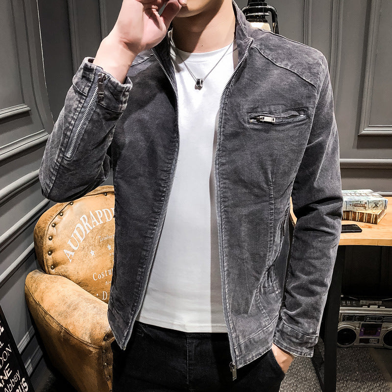 Herren Vintage-Optik Kurzjacke aus gewaschenem Baumwollmix mit Stehkragen und Zip-Brusttasche Drune