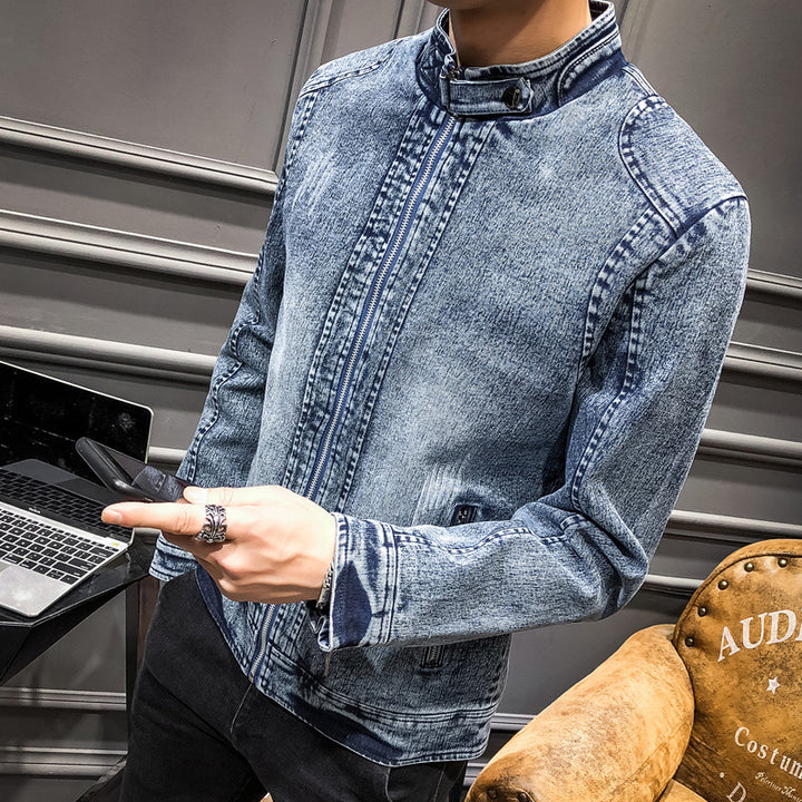 Herren Slim‑Fit Jeansjacke mit Stehkragen und Vintage‑Waschung Drune