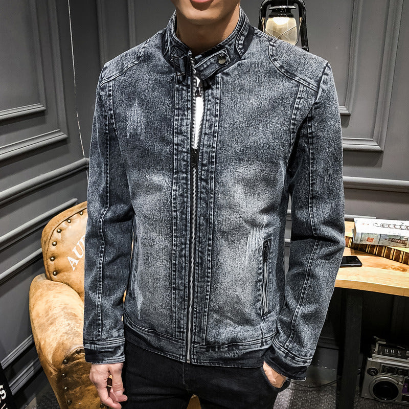 Herren Slim‑Fit Jeansjacke mit Stehkragen und Vintage‑Waschung Drune
