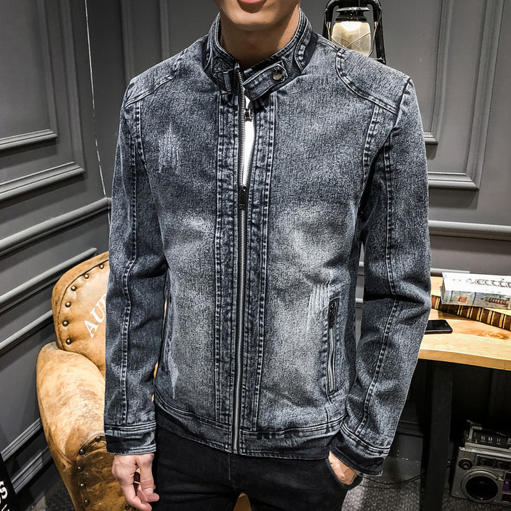 Herren Slim‑Fit Jeansjacke mit Stehkragen und Vintage‑Waschung Drune
