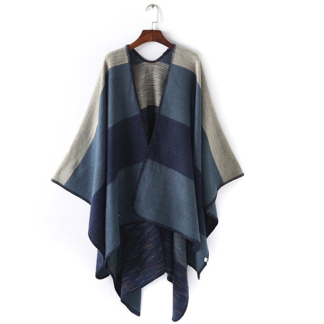 Damen Cape‑Ruana mit zweilagiger Webstruktur und grafischem Blockstreifen Drune