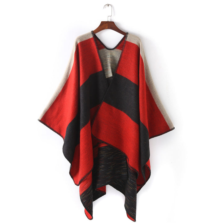 Damen Cape‑Ruana mit zweilagiger Webstruktur und grafischem Blockstreifen Drune