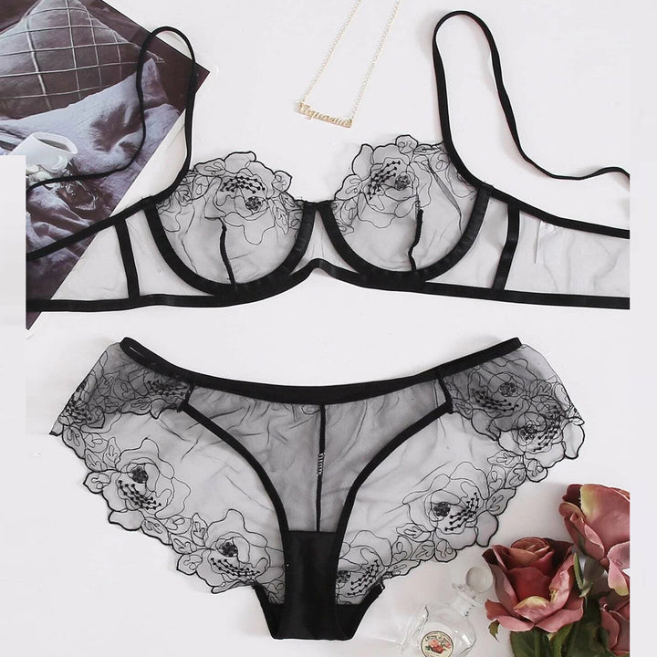 Drune | Women's Mesh Stickerei Sheer Dessous Set