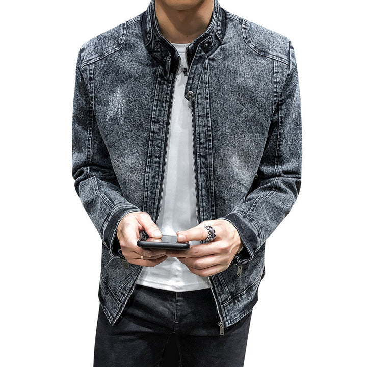 Herren Slim‑Fit Jeansjacke mit Stehkragen und Vintage‑Waschung Drune