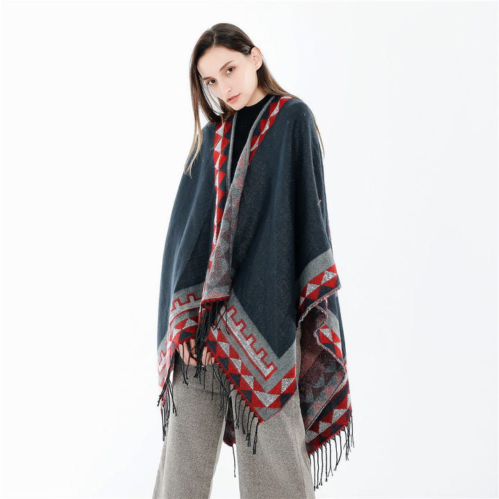 Damen Geometrischer Wollmix-Wickelponcho mit Fransen und Kontrastbordüren Drune