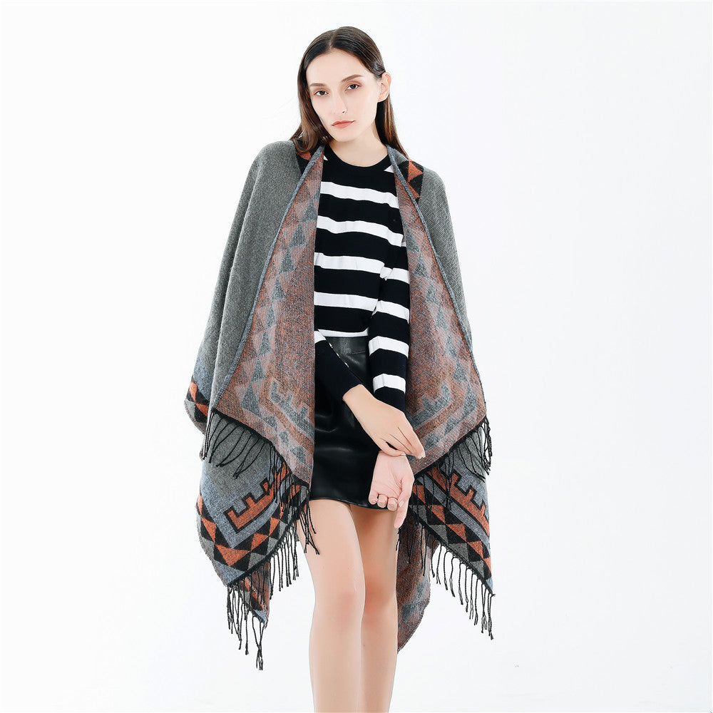 Damen Geometrischer Wollmix-Wickelponcho mit Fransen und Kontrastbordüren Drune