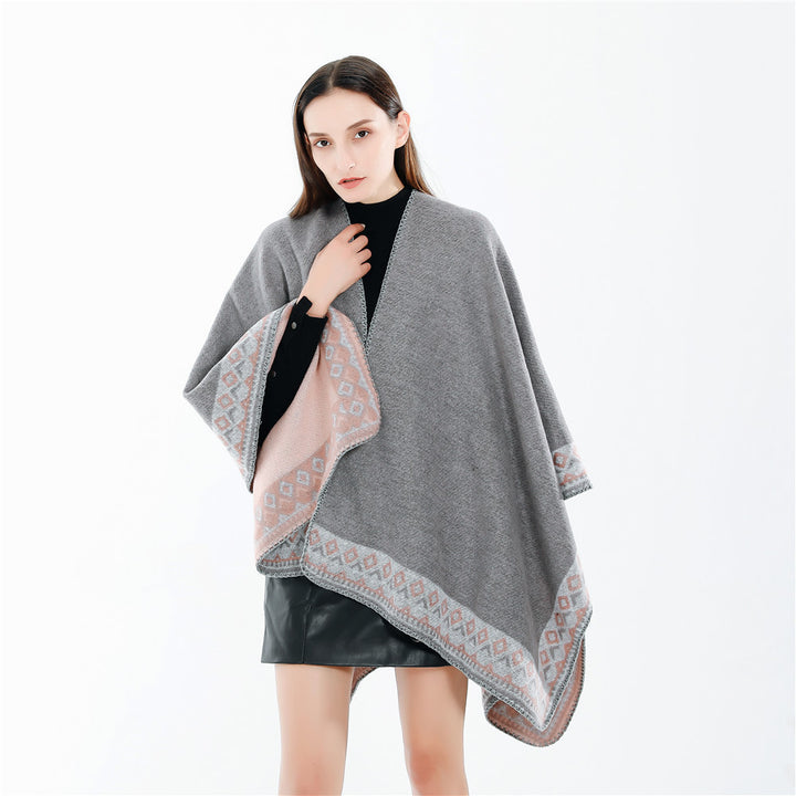 Damen Oversize-Doubleface-Ruana mit gewebter Bordüre und weichem Wollmix Drune