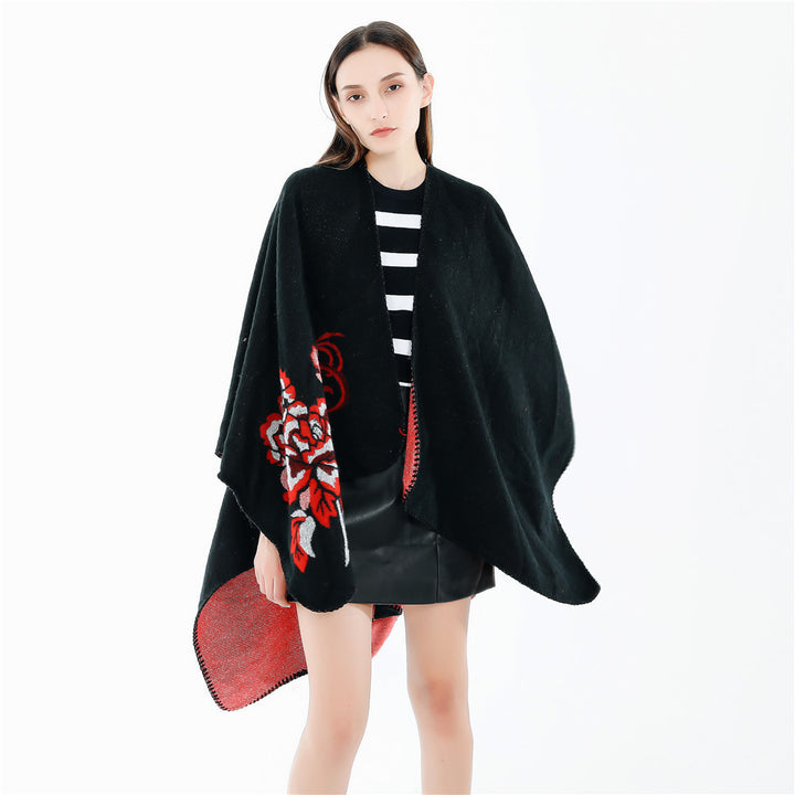 Damen Reversibler Capeponcho aus Wollmix mit floralem Jacquardfutter Drune