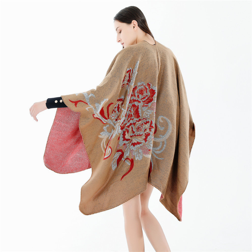 Damen Reversibler Capeponcho aus Wollmix mit floralem Jacquardfutter Drune