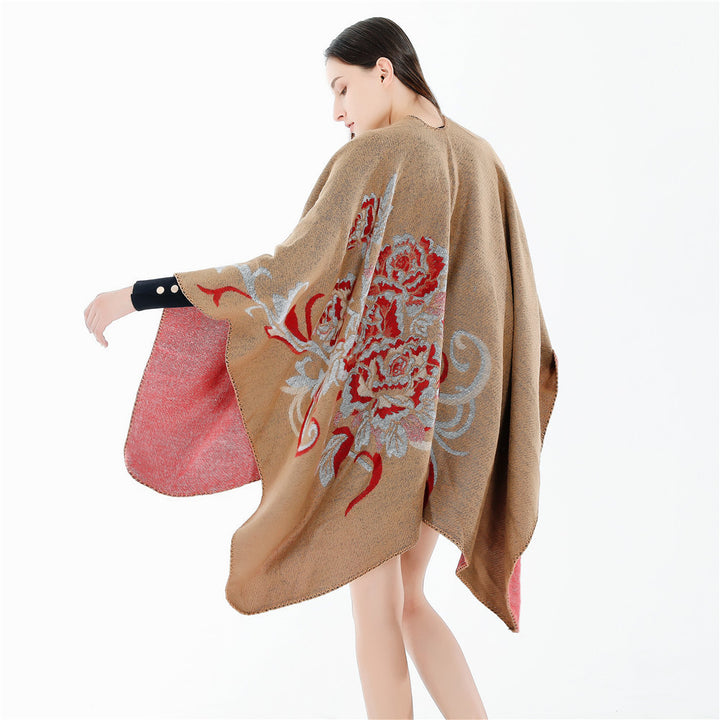 Damen Reversibler Capeponcho aus Wollmix mit floralem Jacquardfutter Drune