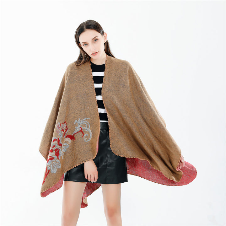 Damen Reversibler Capeponcho aus Wollmix mit floralem Jacquardfutter Drune