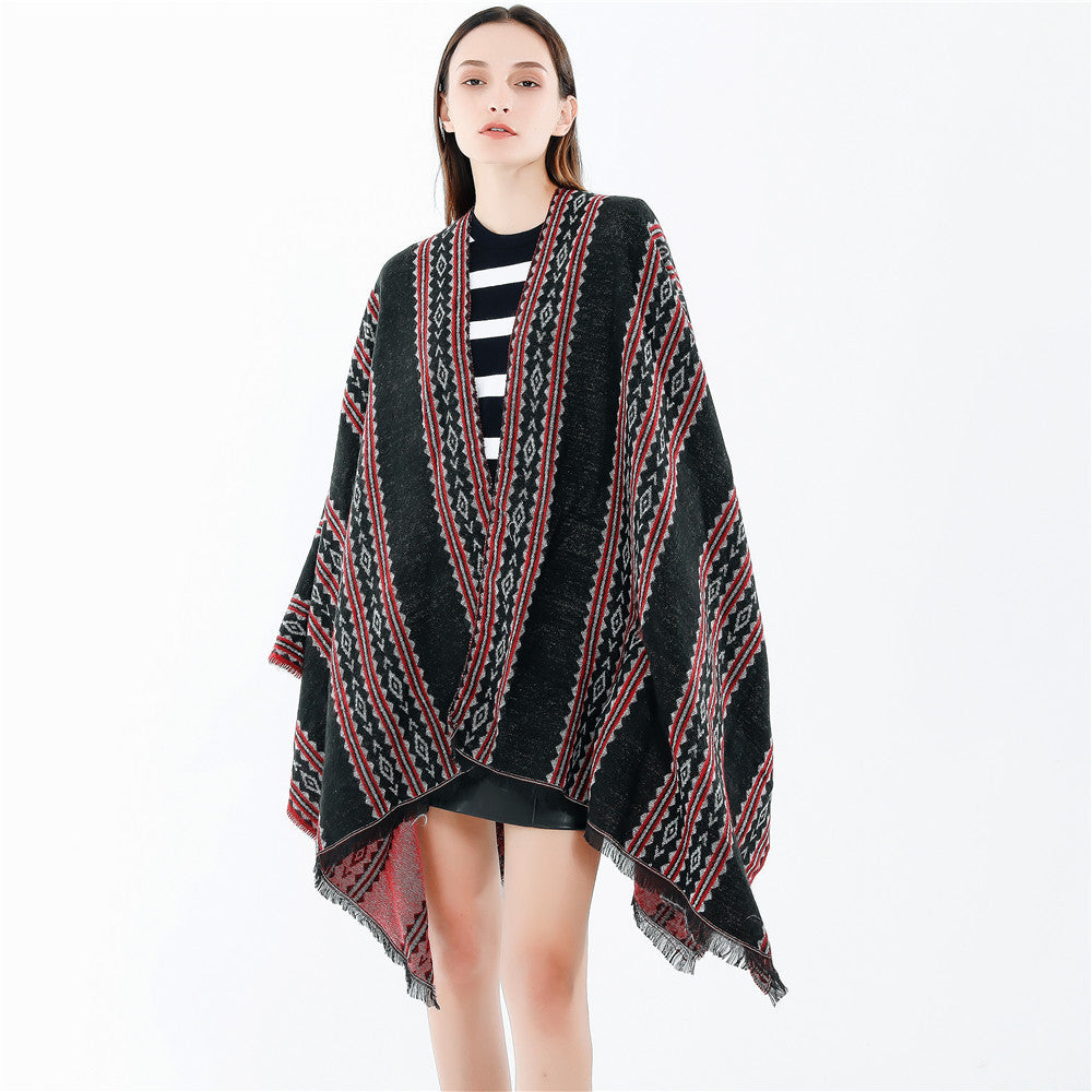 Damen Jacquard‑Ruana‑Poncho mit Fransen und offenem Oversize‑Fall Drune