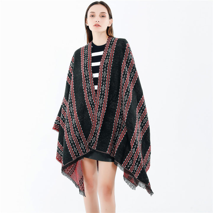 Damen Jacquard‑Ruana‑Poncho mit Fransen und offenem Oversize‑Fall Drune