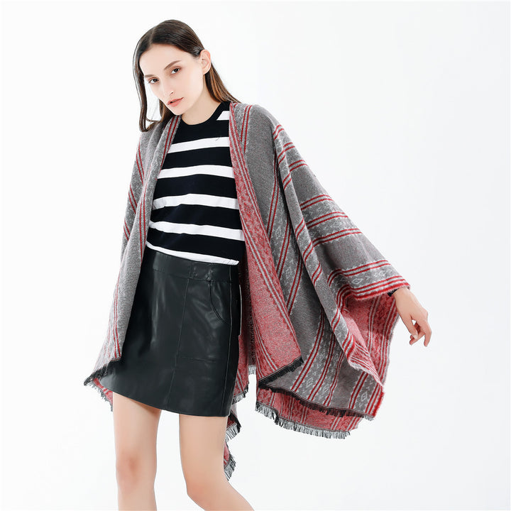Damen Jacquard‑Ruana‑Poncho mit Fransen und offenem Oversize‑Fall Drune