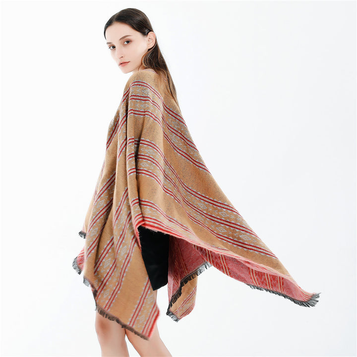 Damen Jacquard‑Ruana‑Poncho mit Fransen und offenem Oversize‑Fall Drune
