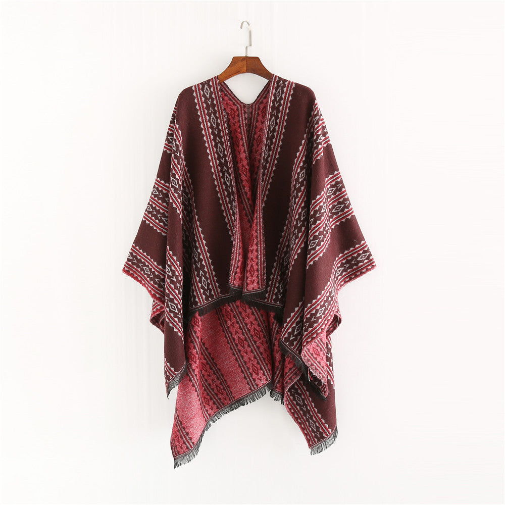 Damen Jacquard‑Ruana‑Poncho mit Fransen und offenem Oversize‑Fall Drune
